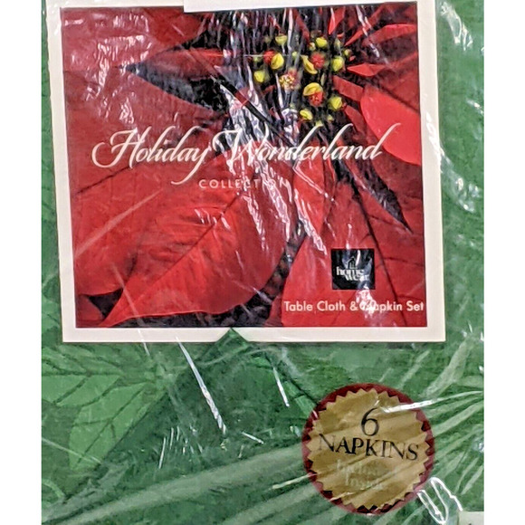 Christmas Holiday Tablecloth AND 6 Napkins 70" Round Green Poinsettia NEW - Picture 2 of 5